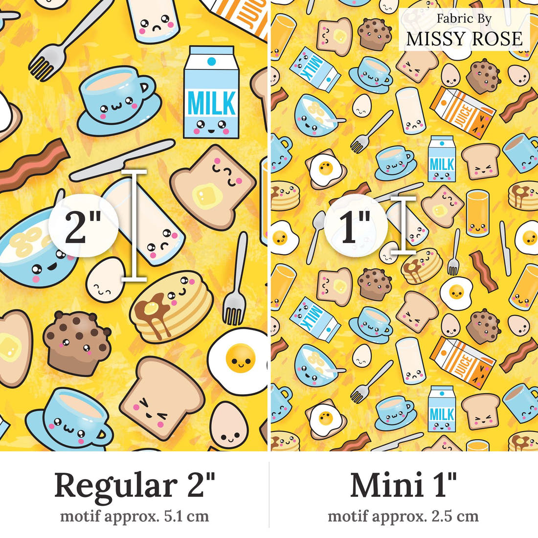 Design 393 Breakfast Foods Fabric Regular 2 inch vs Mini 1 inch print scale side by side | Fabric by Missy Rose