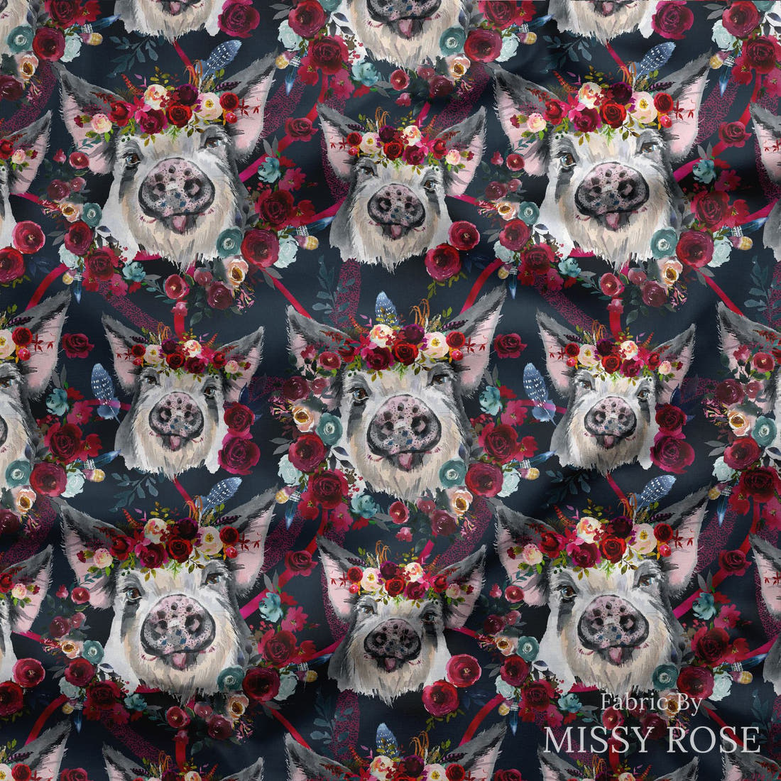 Design 394 Piggy Fabric draped fabric mockup – custom printed fabric by the metre | Fabric by Missy Rose