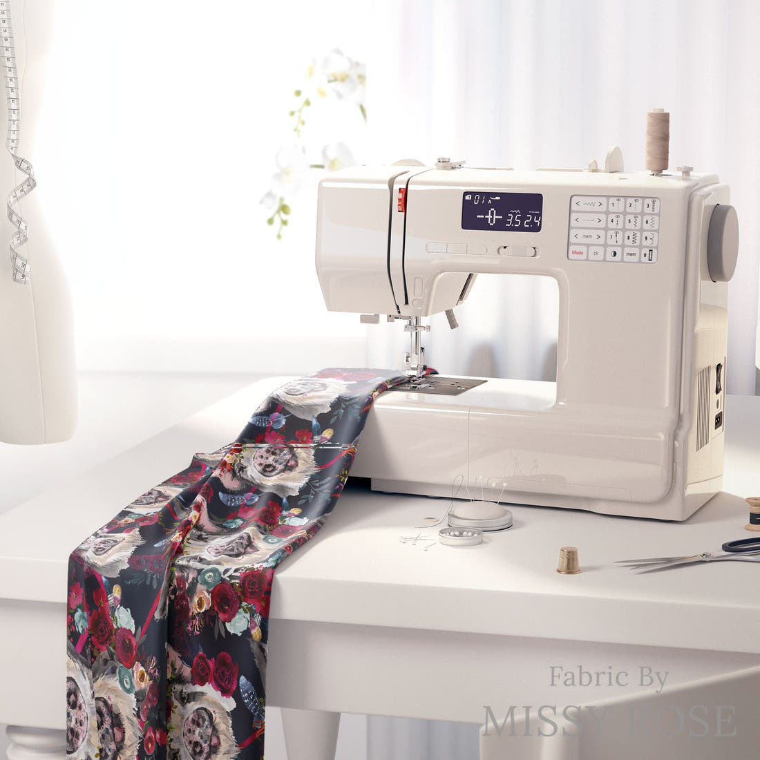 Design 394 Piggy Fabric on a sewing machine – premium fabric for sewing projects | Fabric by Missy Rose