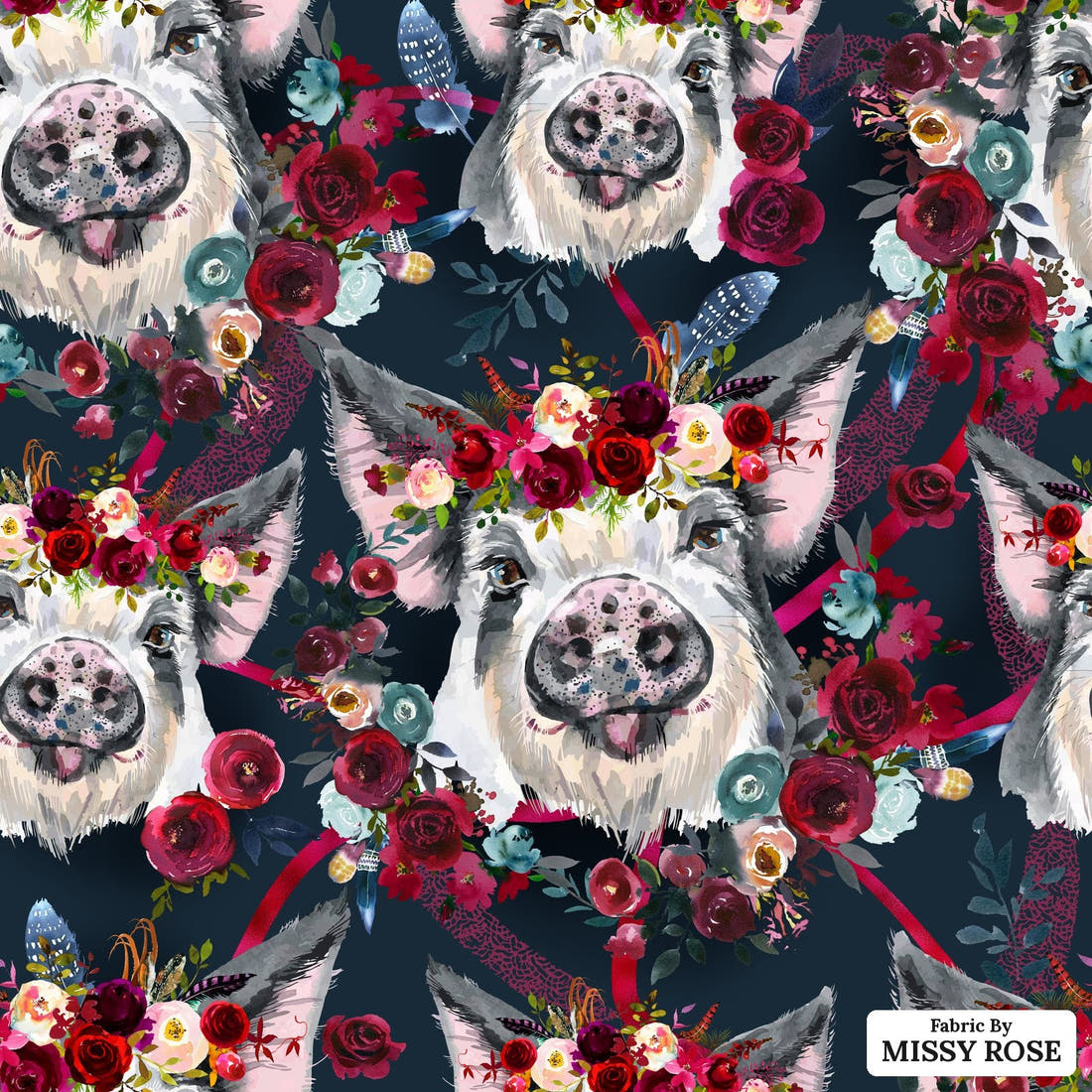 Design 394 Piggy Fabric - flat view of the print, zoom in for detail | Fabric by Missy Rose