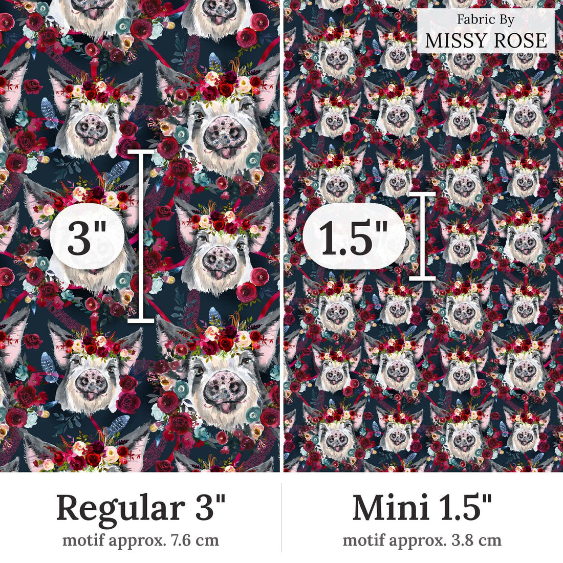Design 394 Piggy Fabric Regular 3 inch vs Mini 1.5 inch print scale side by side | Fabric by Missy Rose