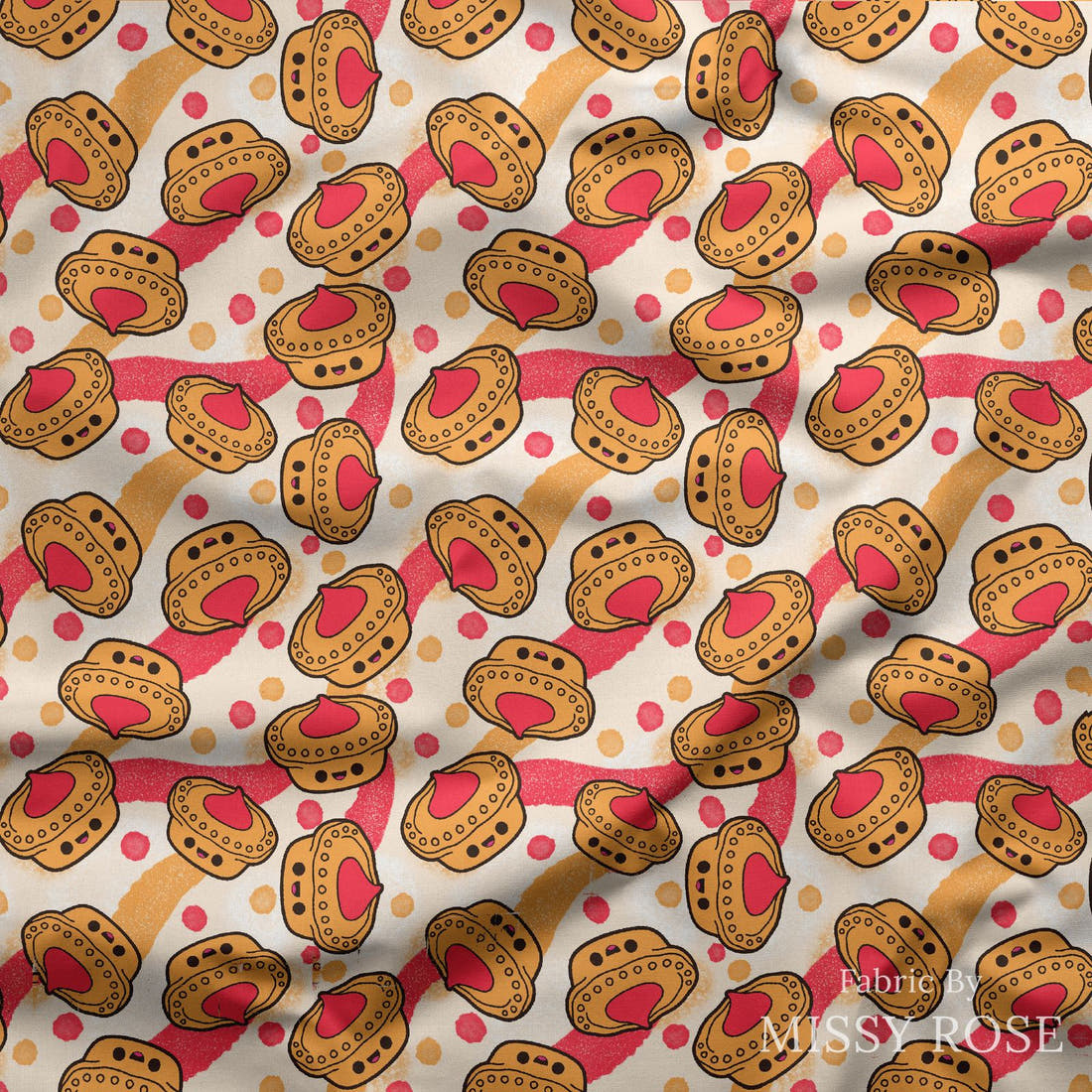 Design 395 Meat Pie Fabric draped fabric mockup – custom printed fabric by the metre | Fabric by Missy Rose