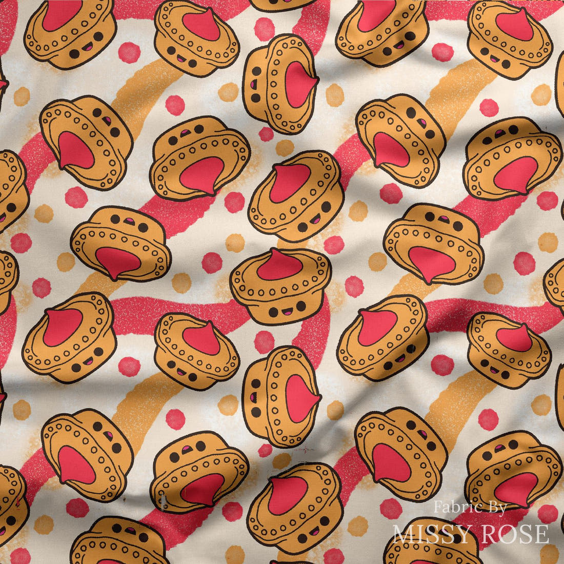 Design 395 Meat Pie Fabric draped fabric mockup – custom printed fabric by the metre | Fabric by Missy Rose
