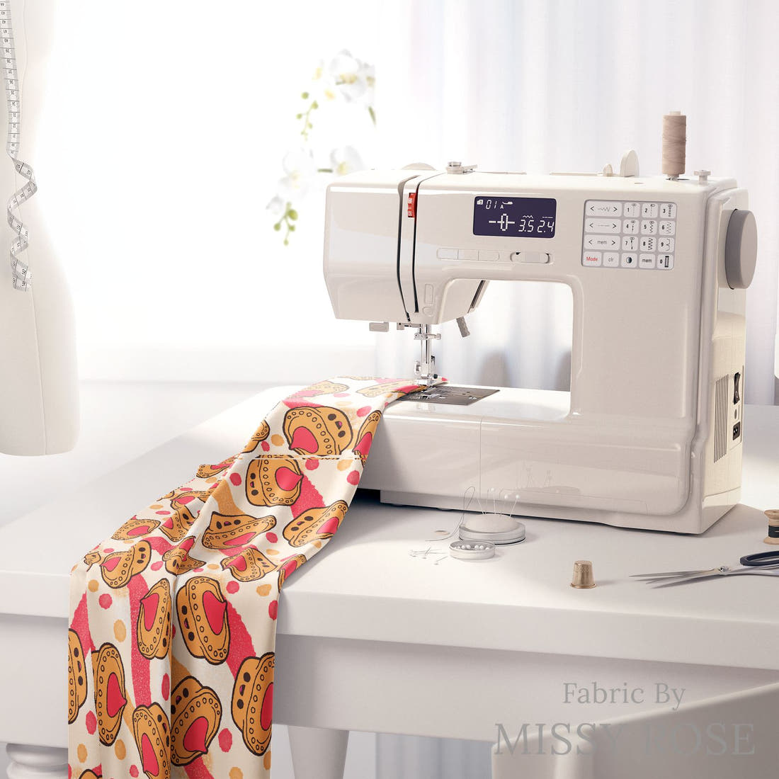 Design 395 Meat Pie Fabric on a sewing machine – premium fabric for sewing projects | Fabric by Missy Rose