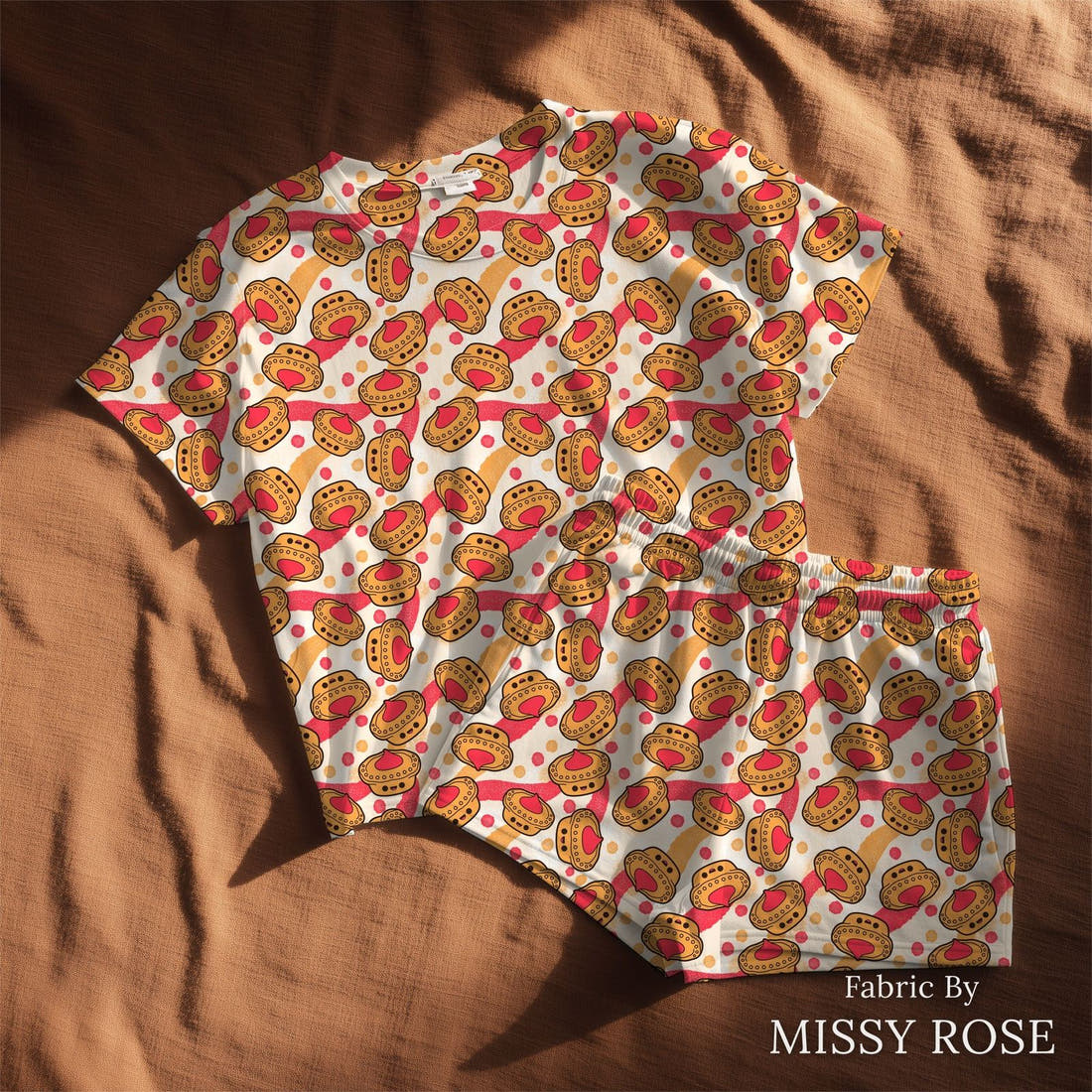 Design 395 Meat Pie Fabric sewn into a lounge set – see how the print looks made up | Fabric by Missy Rose