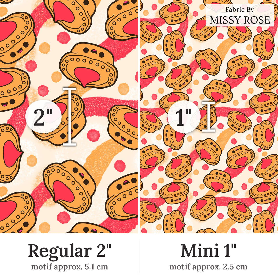 Design 395 Meat Pie Fabric Regular 2 inch vs Mini 1 inch print scale side by side | Fabric by Missy Rose