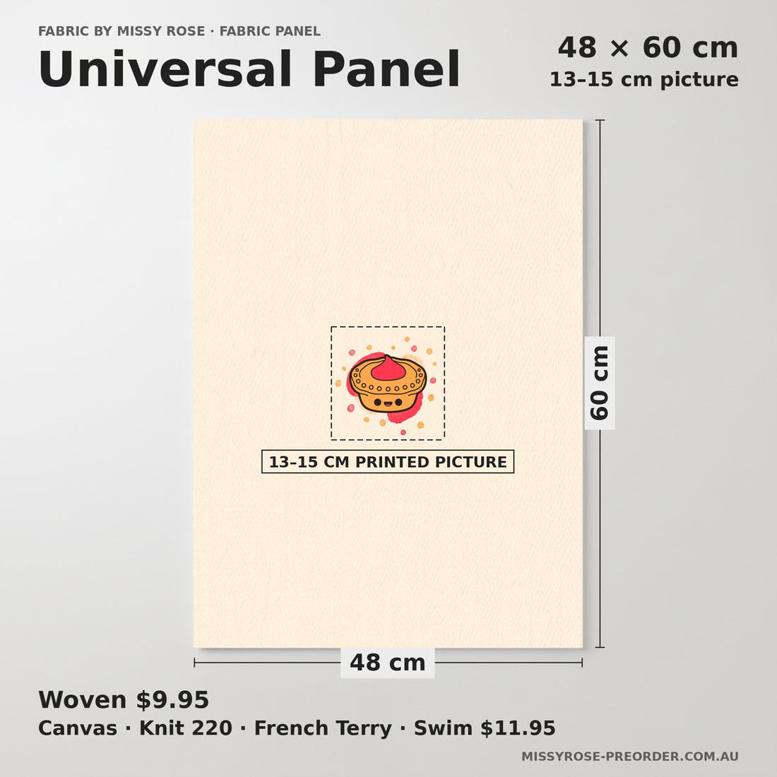 Design 395 Meat Pie Panel universal panel sizing – 13–15 cm printed picture on 48 × 60 cm fabric | Fabric by Missy Rose