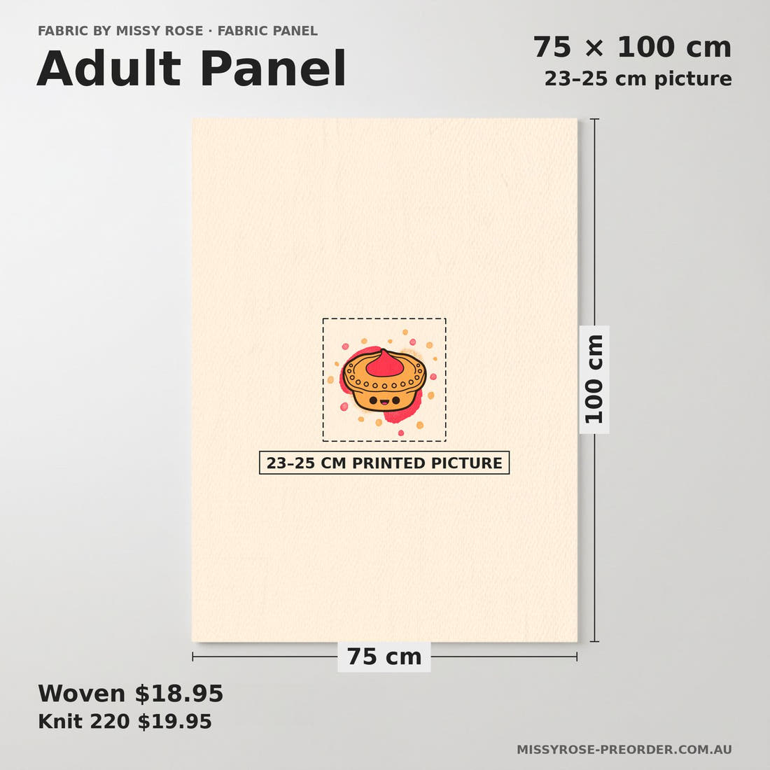 Design 395 Meat Pie Panel adult panel sizing – 23–25 cm printed picture on 75 × 100 cm fabric | Fabric by Missy Rose