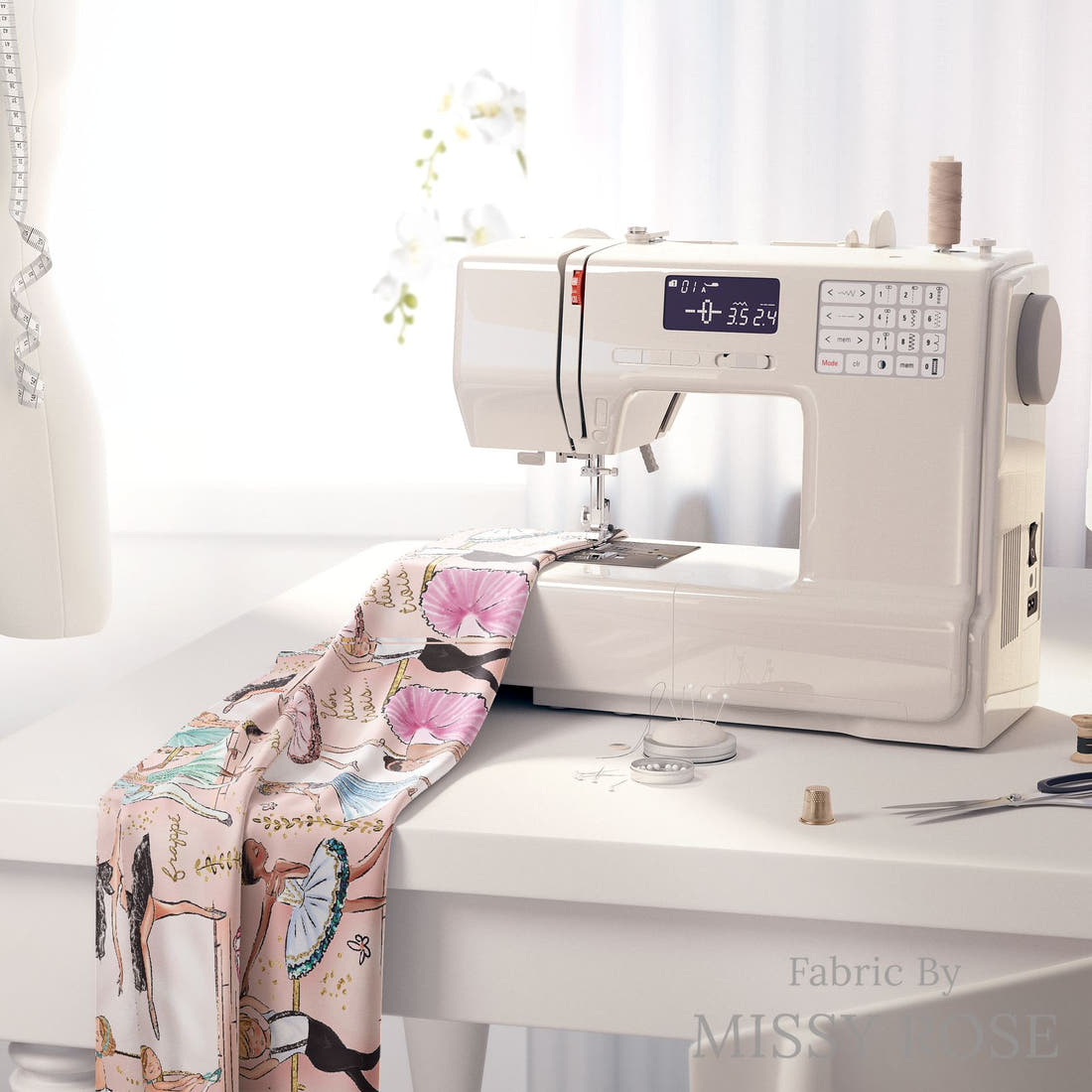 Design 396 Ballerina Fabric on a sewing machine – premium fabric for sewing projects | Fabric by Missy Rose