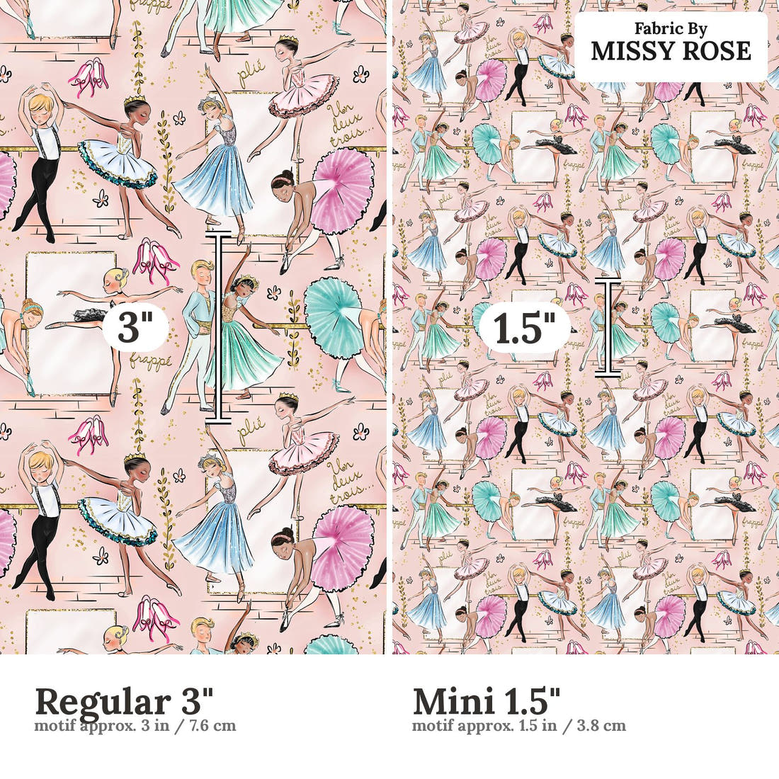 Design 396 Ballerina Fabric size comparison - print scale | Fabric by Missy Rose