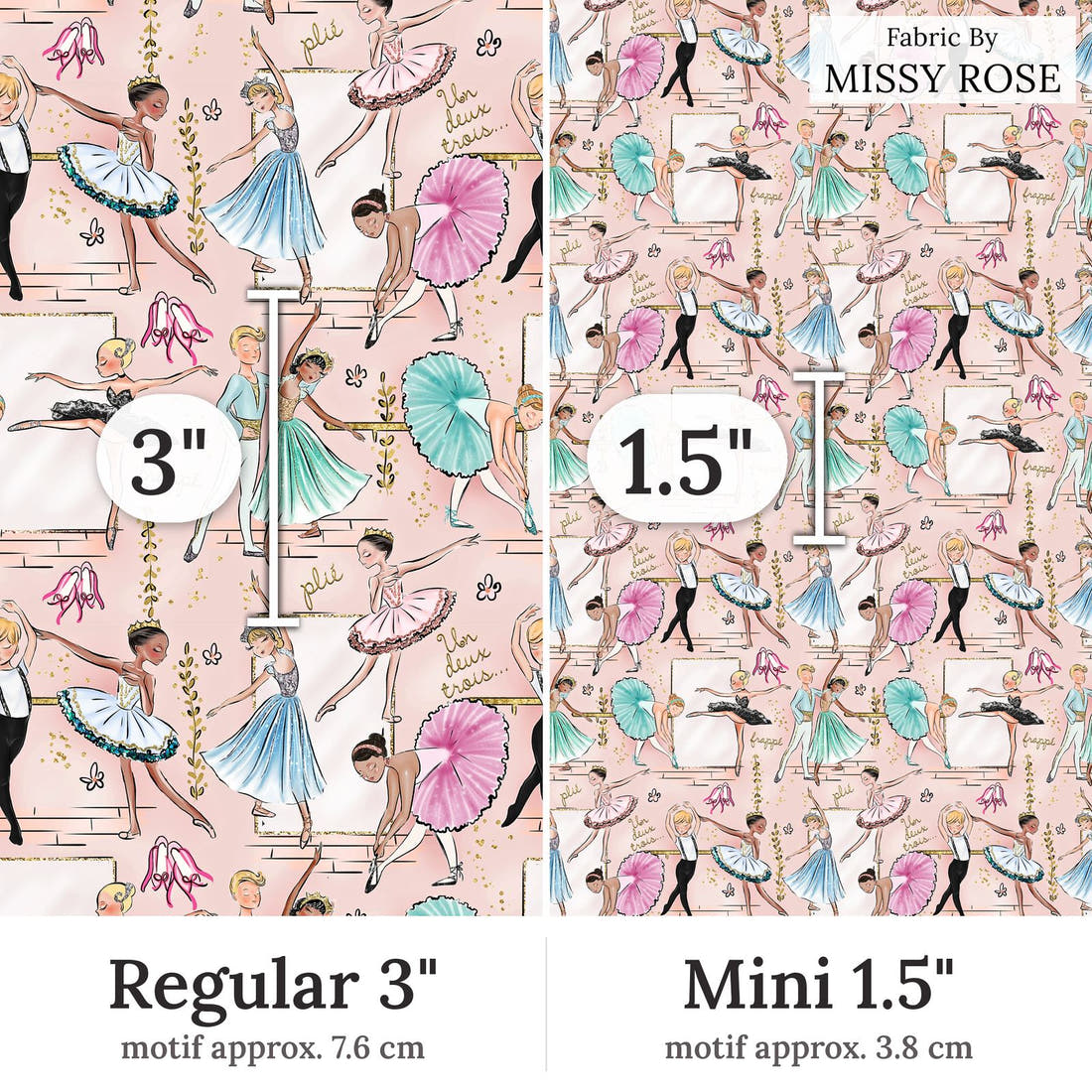 Design 396 Ballerina Fabric Regular 3 inch vs Mini 1.5 inch print scale side by side | Fabric by Missy Rose