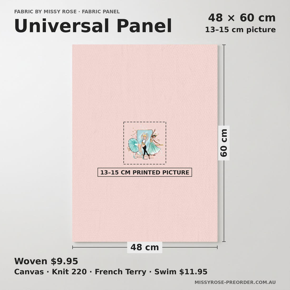 Design 396 Ballerina Panel universal panel sizing – 13–15 cm printed picture on 48 × 60 cm fabric | Fabric by Missy Rose