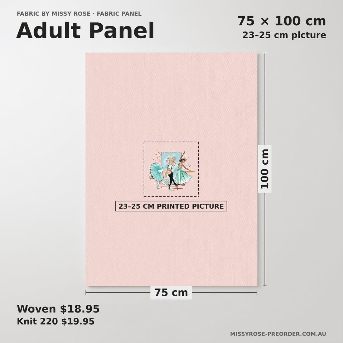 Design 396 Ballerina Panel adult panel sizing – 23–25 cm printed picture on 75 × 100 cm fabric | Fabric by Missy Rose