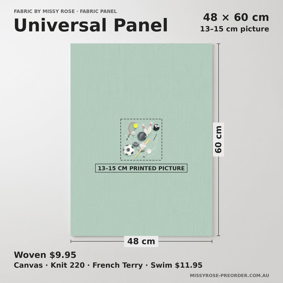 Design 397 Sports Balls Panel universal panel sizing – 13–15 cm printed picture on 48 × 60 cm fabric | Fabric by Missy Rose