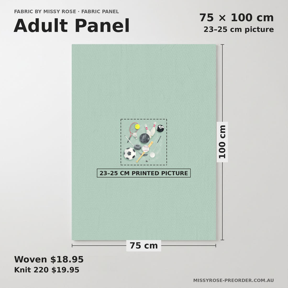 Design 397 Sports Balls Panel adult panel sizing – 23–25 cm printed picture on 75 × 100 cm fabric | Fabric by Missy Rose