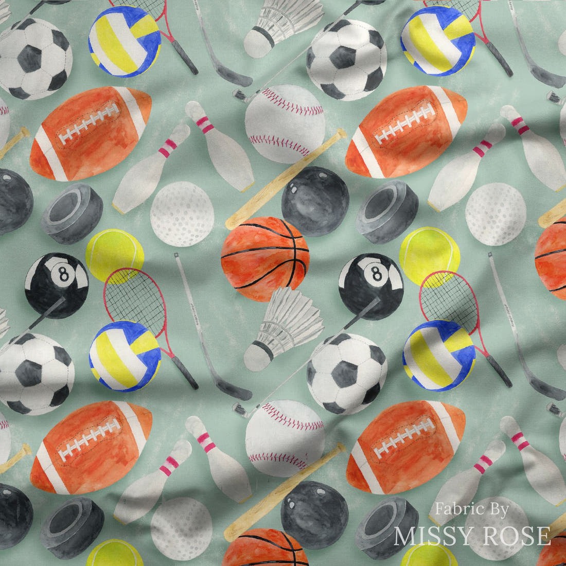 Design 397 Sports Balls Fabric draped fabric mockup – custom printed fabric by the metre | Fabric by Missy Rose