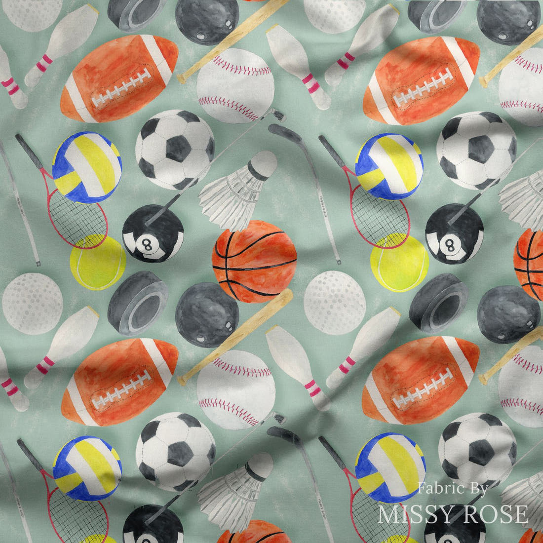 Design 397 Sports Balls Fabric draped fabric mockup – custom printed fabric by the metre | Fabric by Missy Rose
