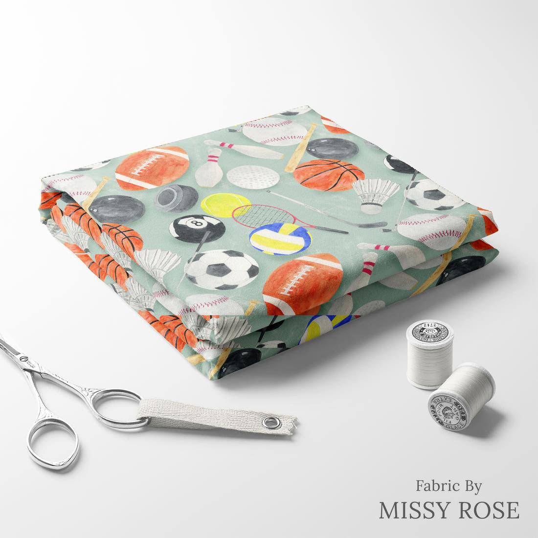Design 397 Sports Balls Fabric folded fabric stack with matching thread – pre-order fabric Australia | Fabric by Missy Rose