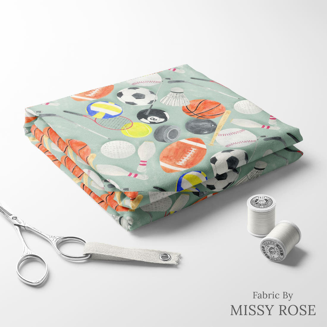 Design 397 Sports Balls Fabric folded fabric stack with matching thread – pre-order fabric Australia | Fabric by Missy Rose