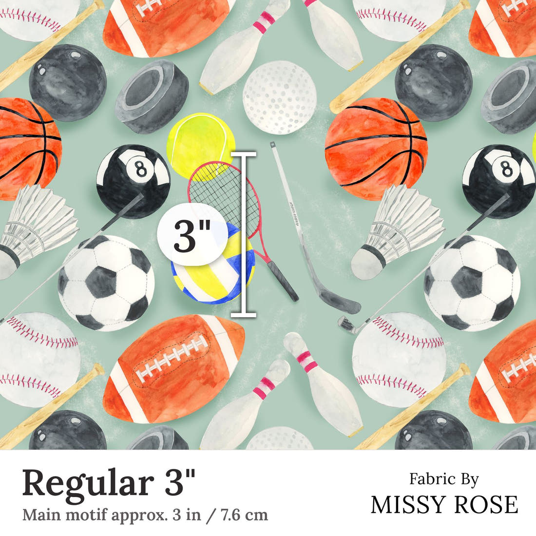 Design 397 Sports Balls Fabric Regular 3 inch print scale guide | Fabric by Missy Rose