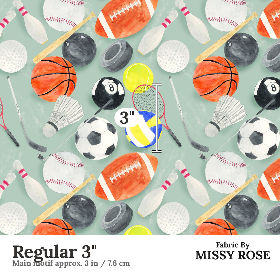 Design 397 Sports Balls Fabric Regular 3" - print scale | Fabric by Missy Rose