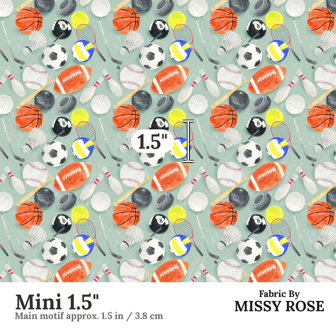 Design 397 Sports Balls Fabric Mini 1.5" - print scale | Fabric by Missy Rose