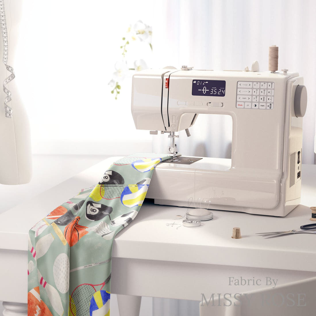 Design 397 Sports Balls Fabric on a sewing machine – premium fabric for sewing projects | Fabric by Missy Rose
