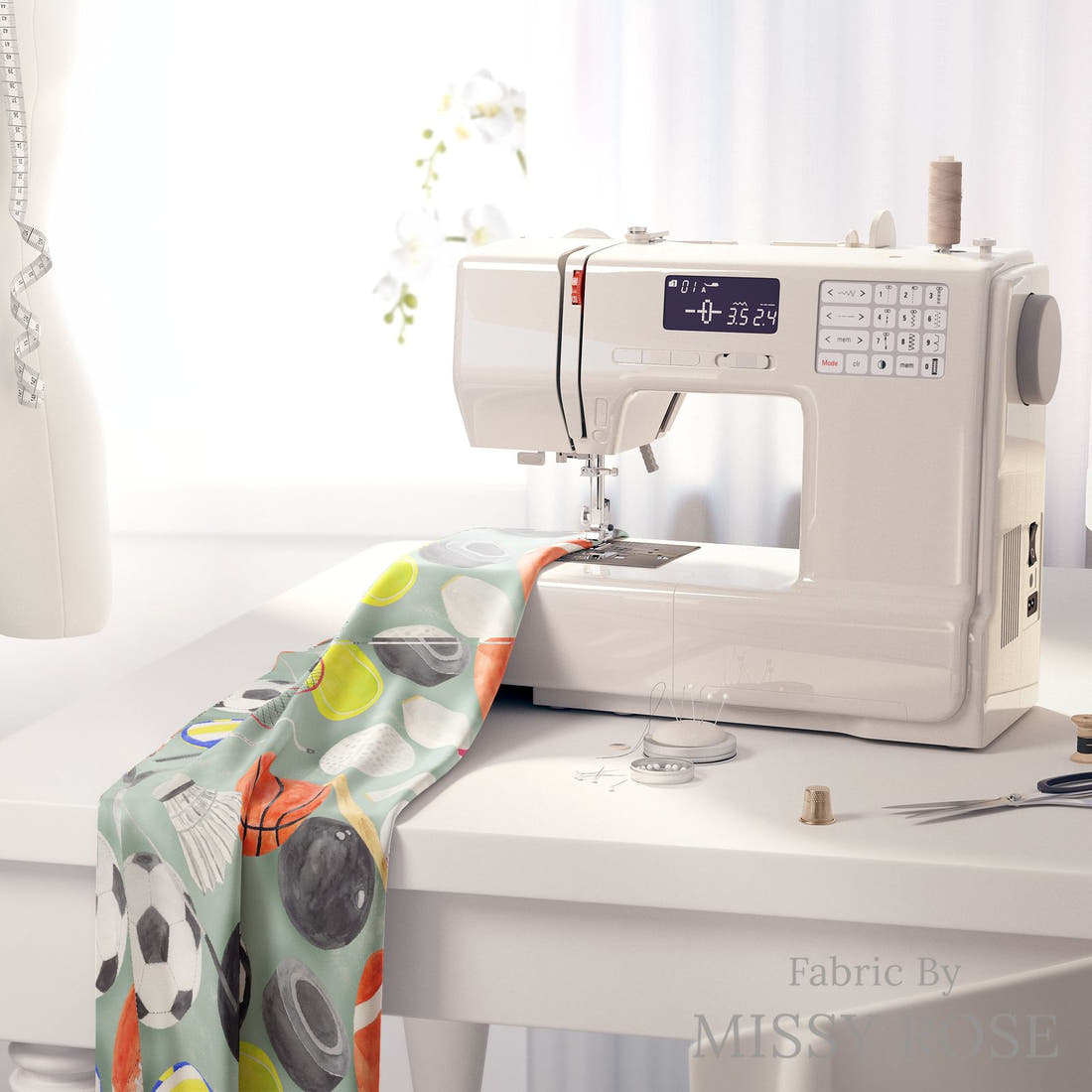 Design 397 Sports Balls Fabric on a sewing machine – premium fabric for sewing projects | Fabric by Missy Rose