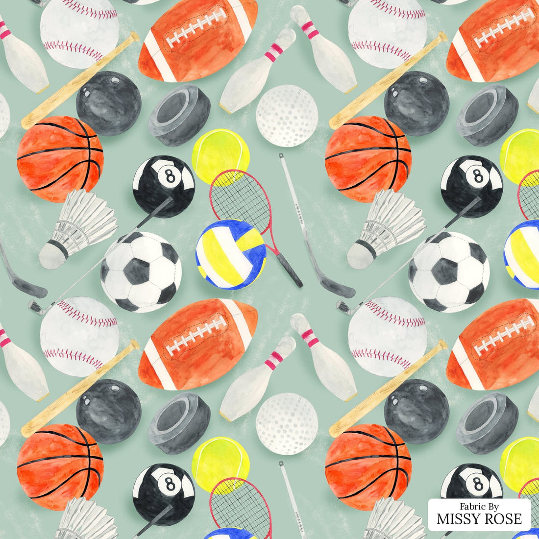 Design 397 Sports Balls Fabric - flat view of the print, zoom in for detail | Fabric by Missy Rose