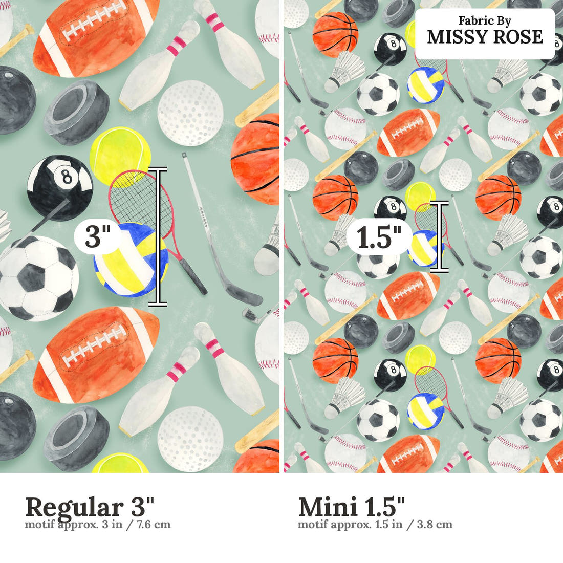 Design 397 Sports Balls Fabric size comparison - print scale | Fabric by Missy Rose