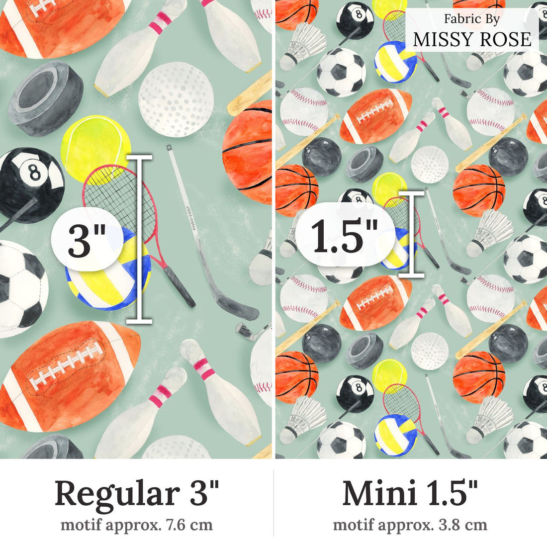 Design 397 Sports Balls Fabric Regular 3 inch vs Mini 1.5 inch print scale side by side | Fabric by Missy Rose