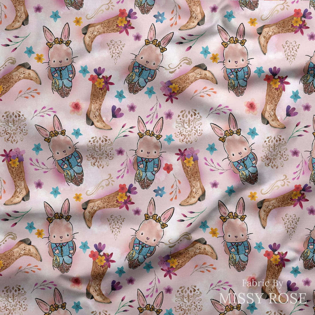 Design 398 Country Bunny Fabric draped fabric mockup – custom printed fabric by the metre | Fabric by Missy Rose