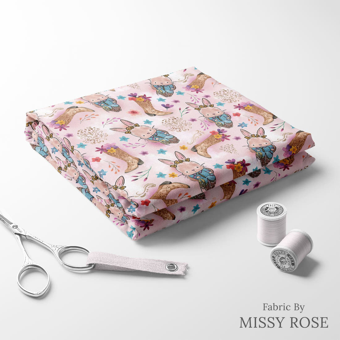 Design 398 Country Bunny Fabric folded fabric stack with matching thread – pre-order fabric Australia | Fabric by Missy Rose