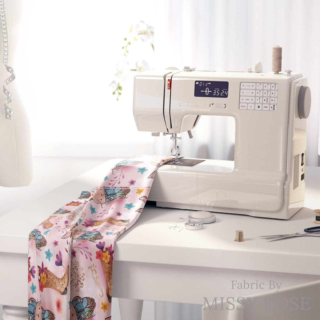 Design 398 Country Bunny Fabric on a sewing machine – premium fabric for sewing projects | Fabric by Missy Rose