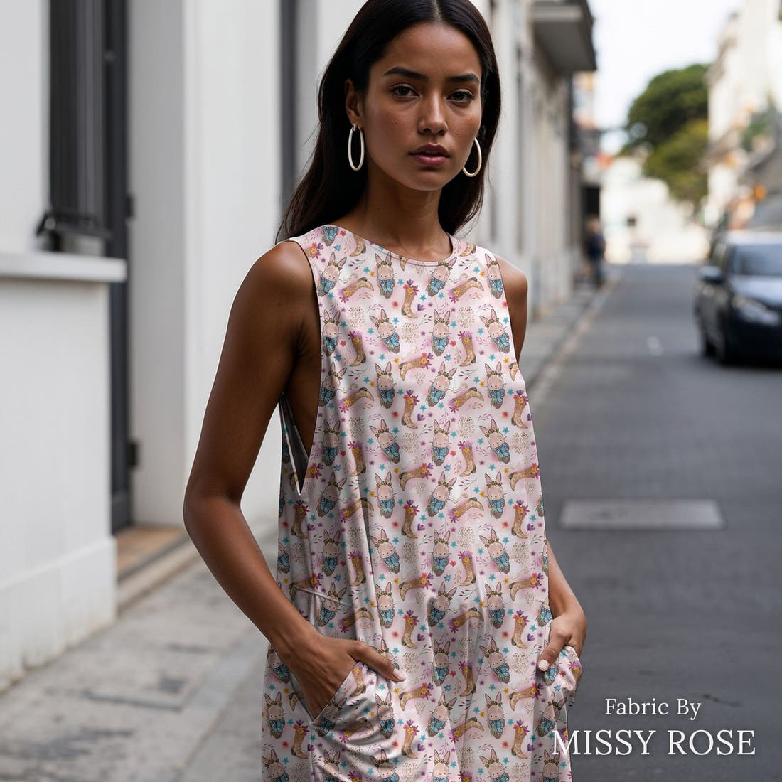 Design 398 Country Bunny Fabric sewn into a women's jumpsuit – see how the print looks made up | Fabric by Missy Rose
