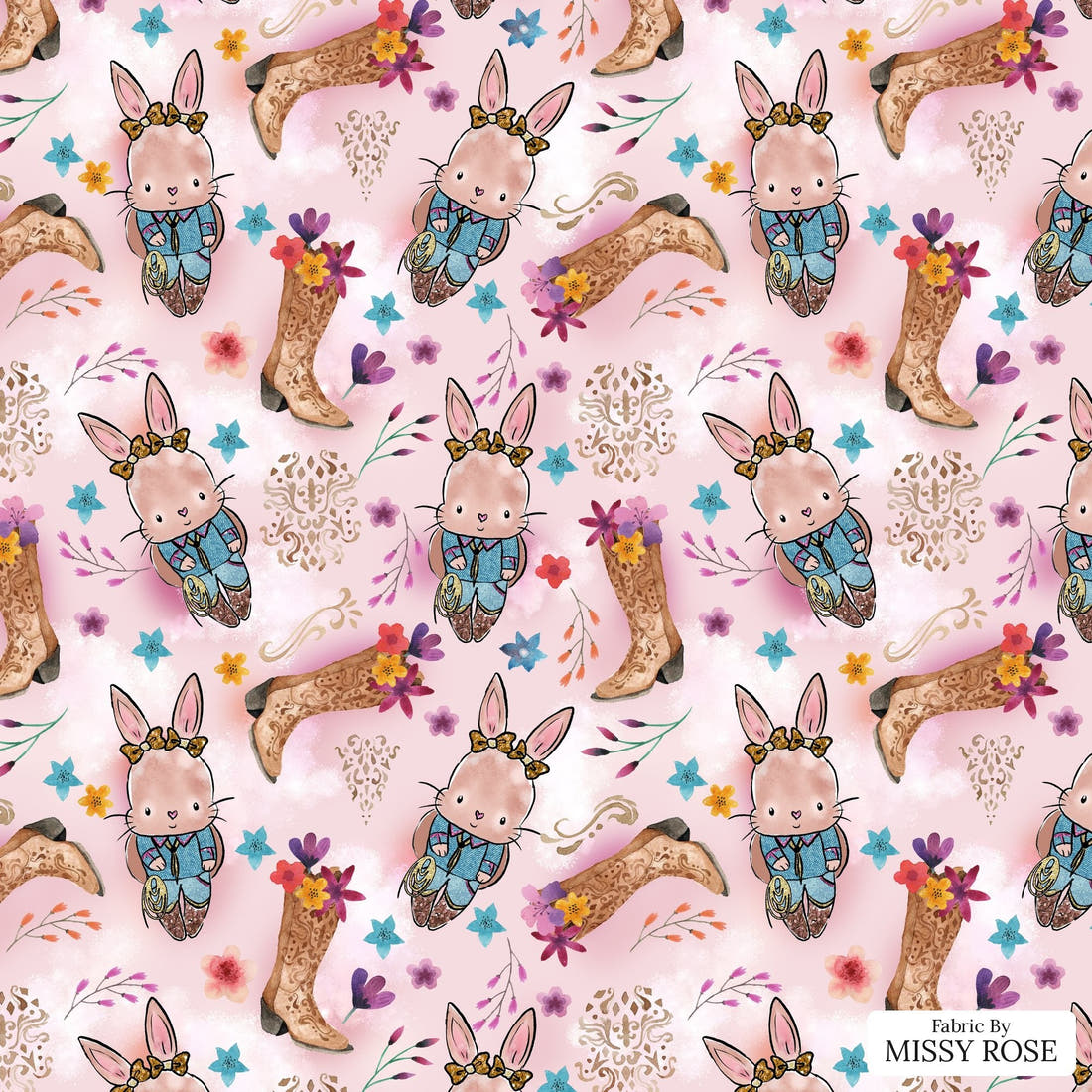 Design 398 Country Bunny Fabric - flat view of the print, zoom in for detail | Fabric by Missy Rose