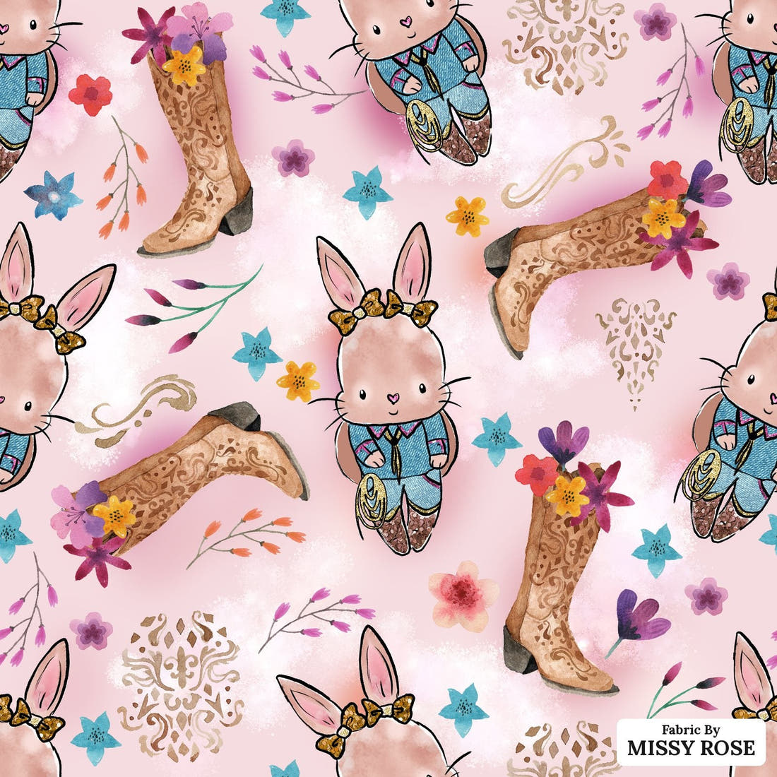 Design 398 Country Bunny Fabric - flat view of the print, zoom in for detail | Fabric by Missy Rose