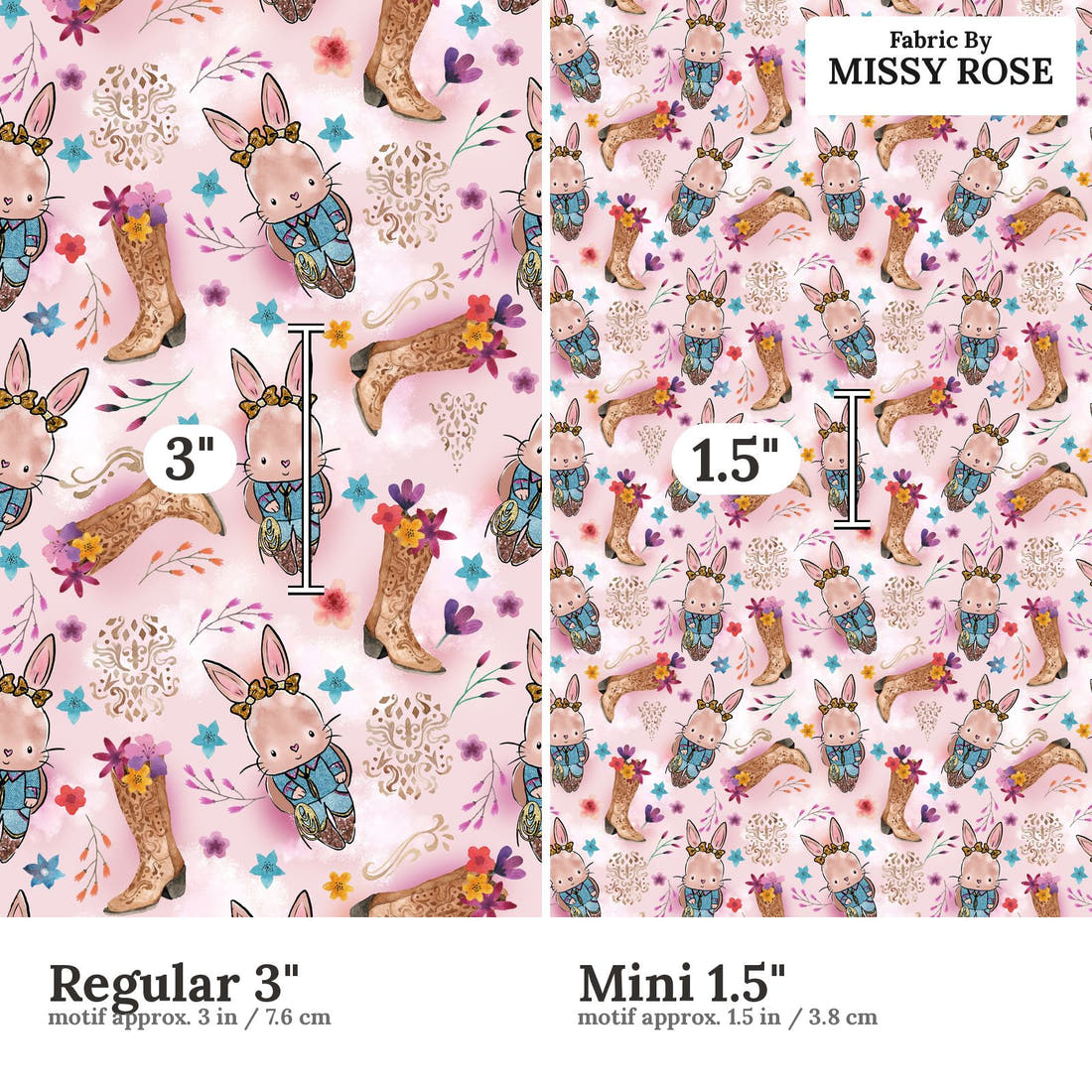Design 398 Country Bunny Fabric size comparison - print scale | Fabric by Missy Rose