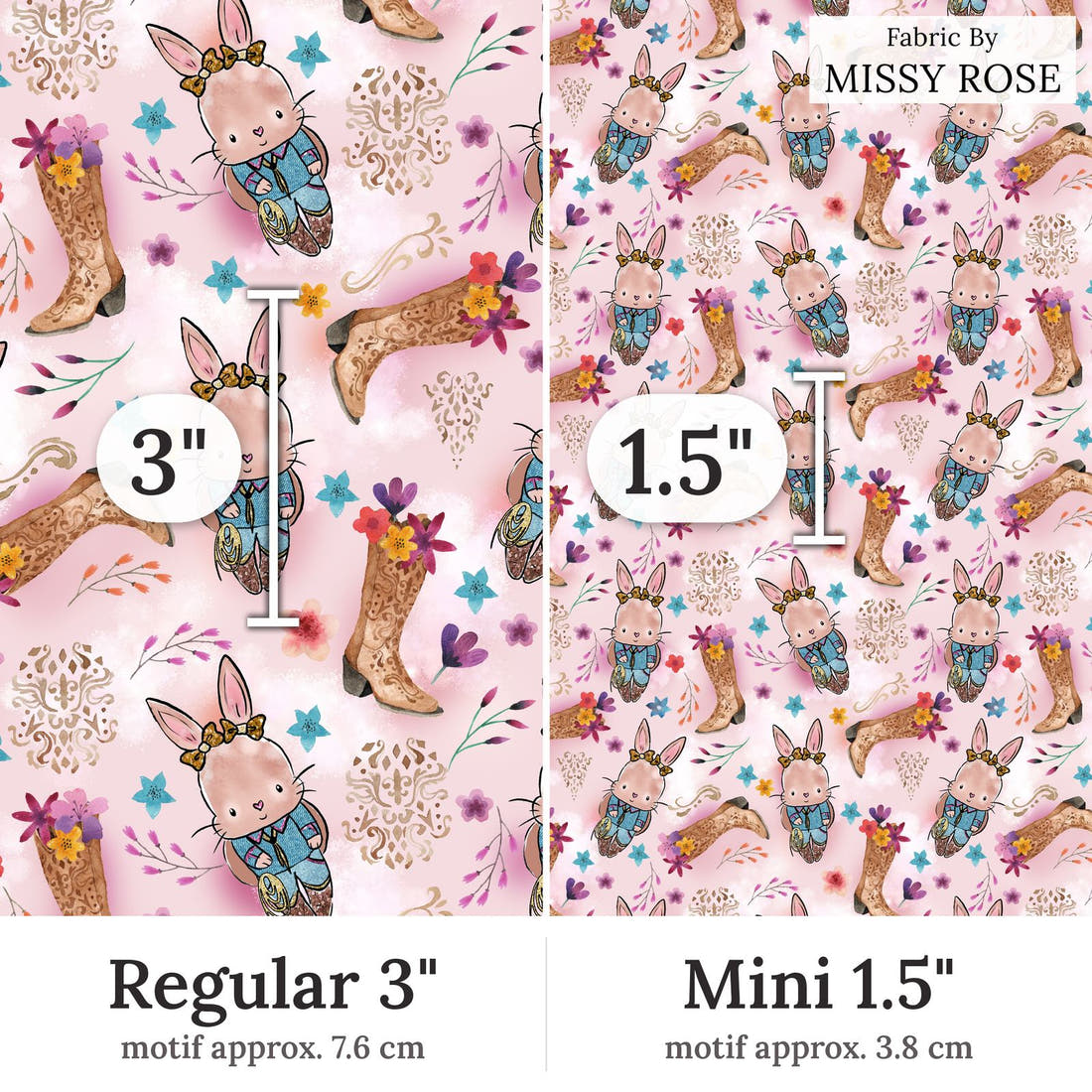 Design 398 Country Bunny Fabric Regular 3 inch vs Mini 1.5 inch print scale side by side | Fabric by Missy Rose