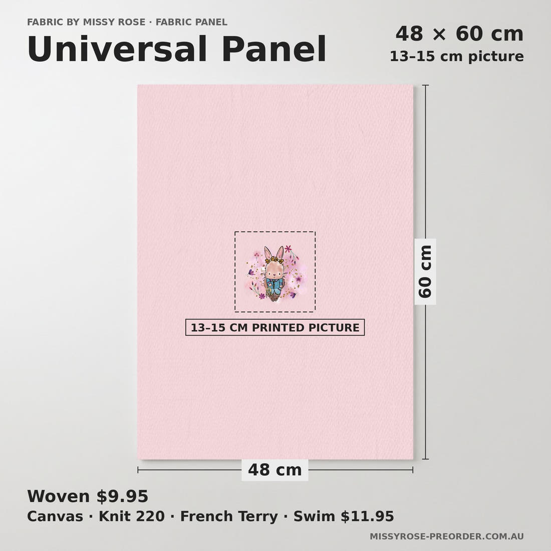 Design 398 Country Bunny Panel universal panel sizing – 13–15 cm printed picture on 48 × 60 cm fabric | Fabric by Missy Rose