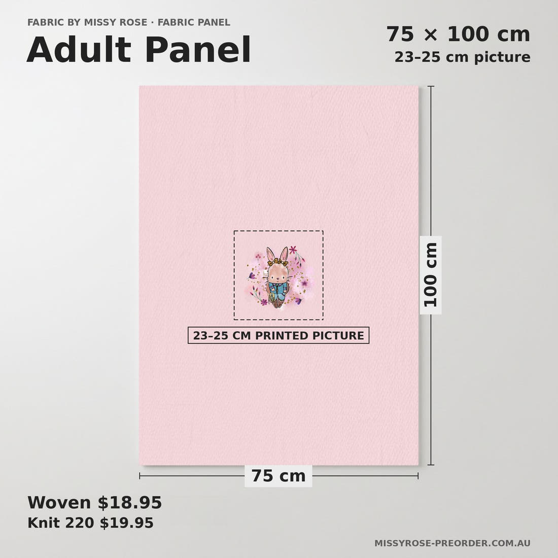 Design 398 Country Bunny Panel adult panel sizing – 23–25 cm printed picture on 75 × 100 cm fabric | Fabric by Missy Rose