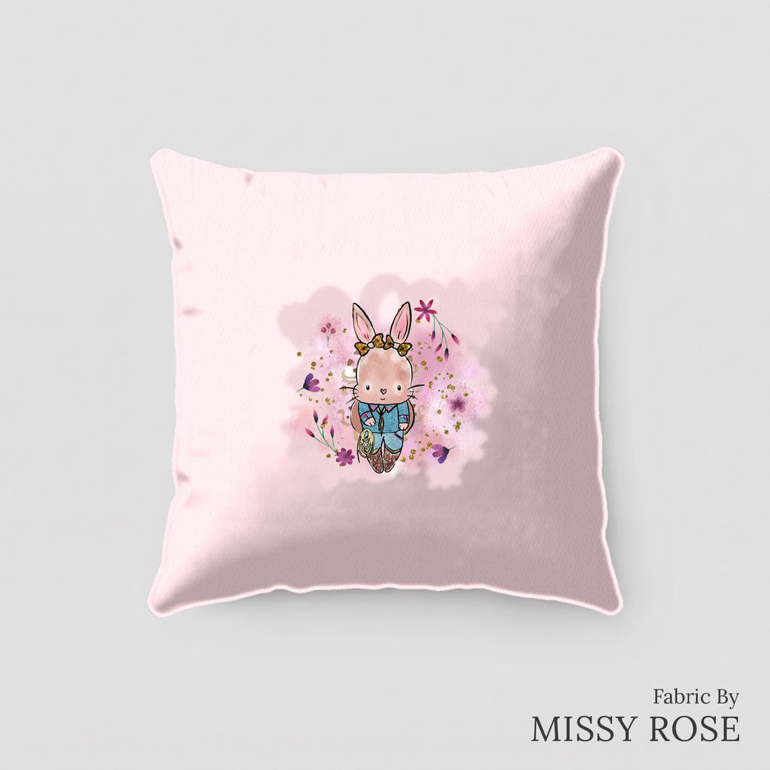 Design 398 Country Bunny Panel sewn into a cushion – see how the panel looks made up | Fabric by Missy Rose