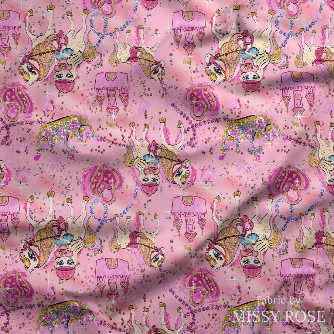 Design 399 Horse Riding Fabric draped fabric mockup – custom printed fabric by the metre | Fabric by Missy Rose