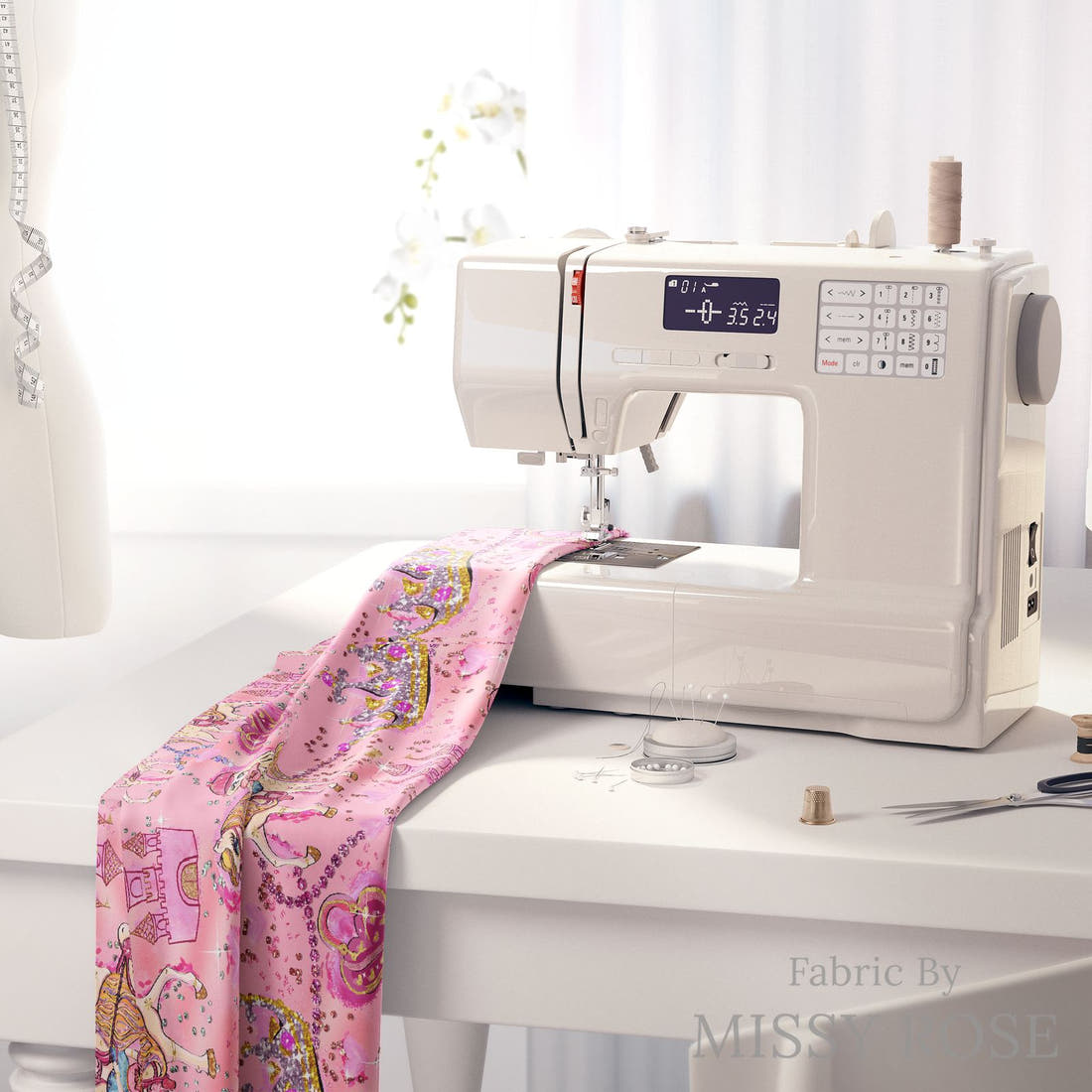 Design 399 Horse Riding Fabric on a sewing machine – premium fabric for sewing projects | Fabric by Missy Rose
