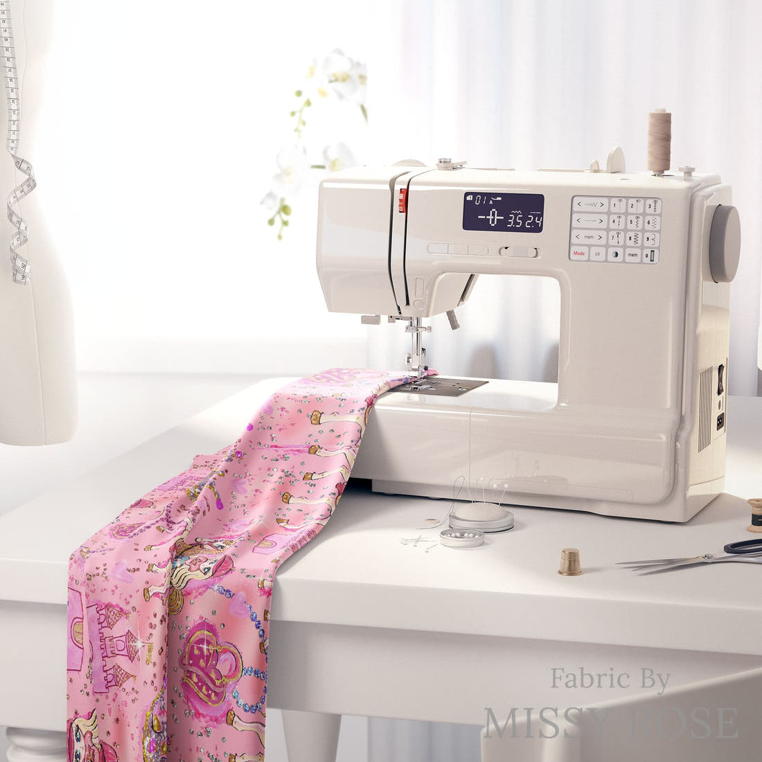 Design 399 Horse Riding Fabric on a sewing machine – premium fabric for sewing projects | Fabric by Missy Rose