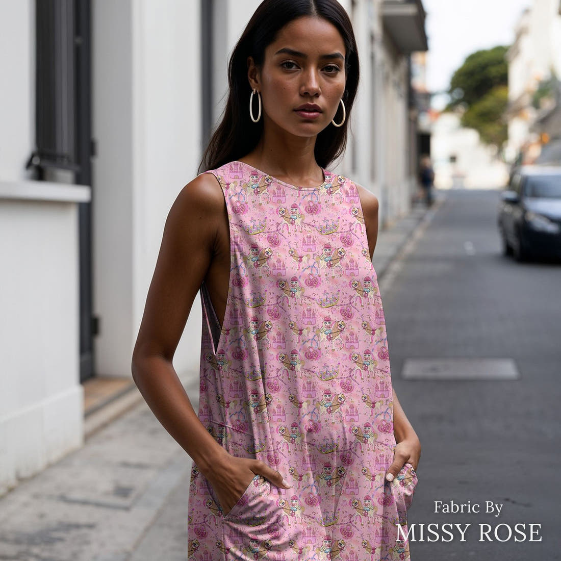 Design 399 Horse Riding Fabric sewn into a women's jumpsuit – see how the print looks made up | Fabric by Missy Rose