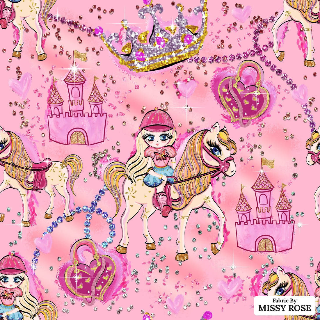 Design 399 Horse Riding Fabric - flat view of the print, zoom in for detail | Fabric by Missy Rose