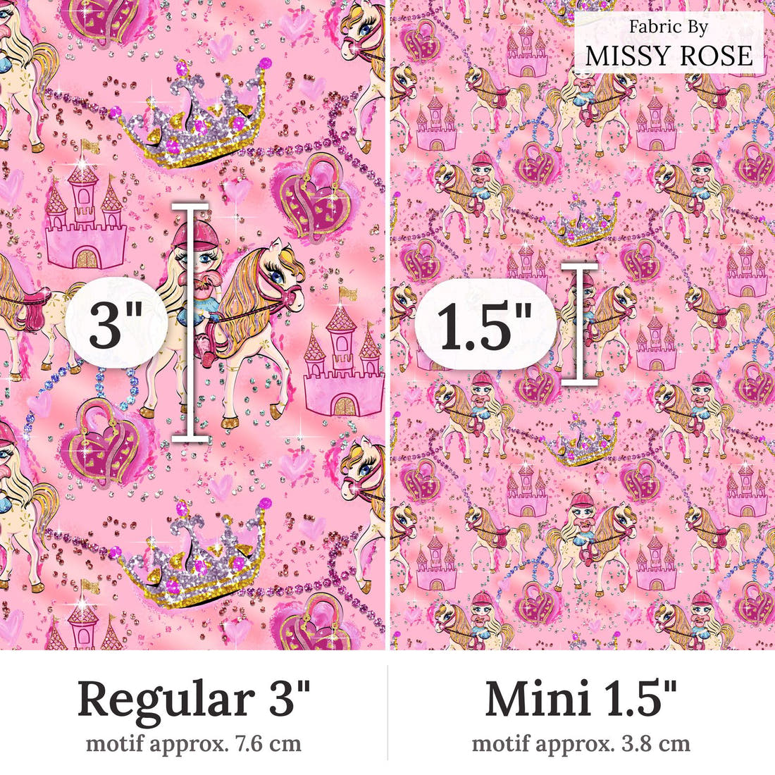 Design 399 Horse Riding Fabric Regular 3 inch vs Mini 1.5 inch print scale side by side | Fabric by Missy Rose