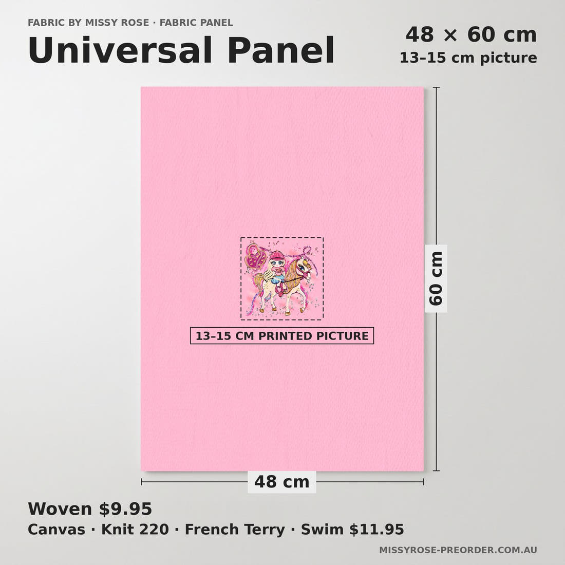 Design 399 Horse Riding Panel universal panel sizing – 13–15 cm printed picture on 48 × 60 cm fabric | Fabric by Missy Rose