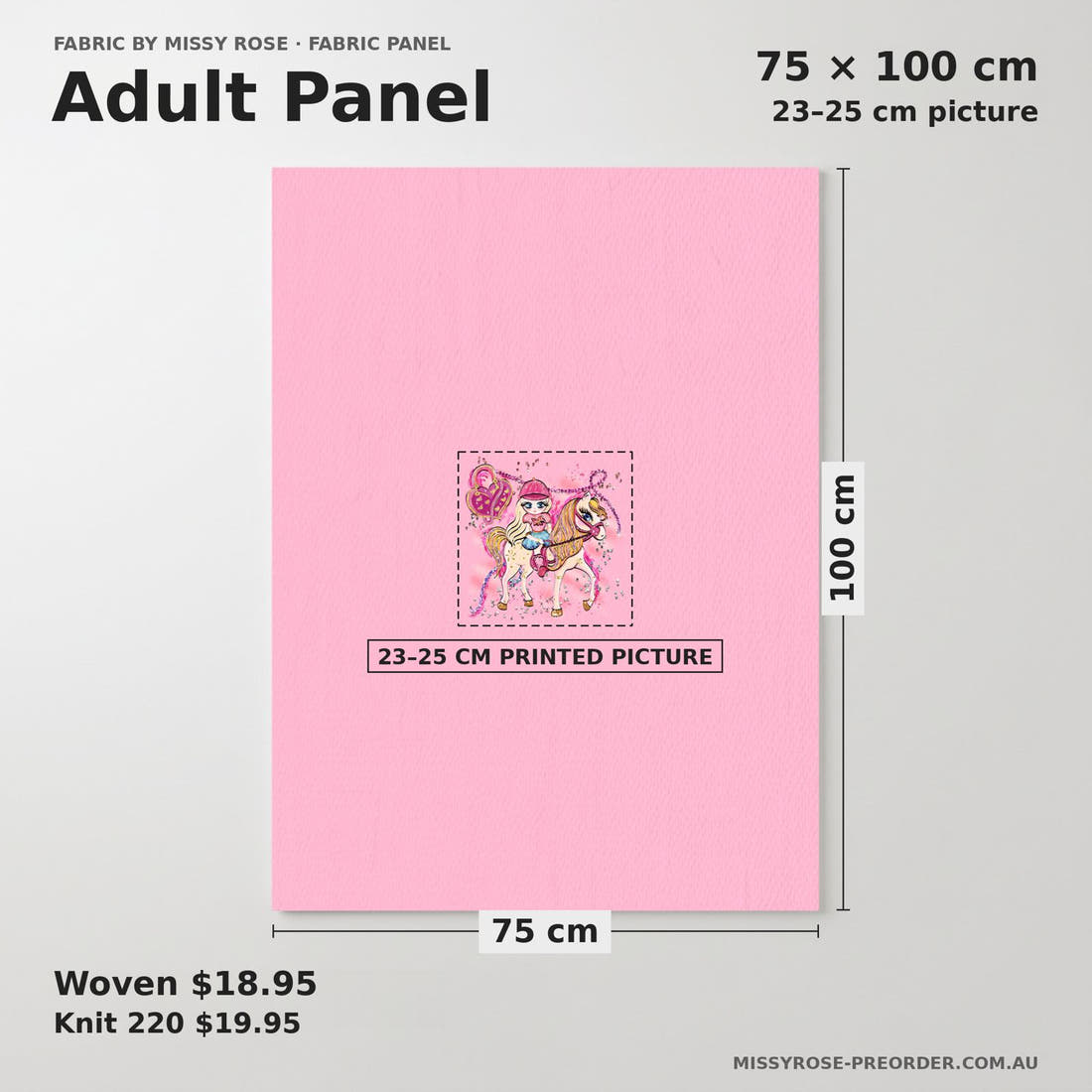 Design 399 Horse Riding Panel adult panel sizing – 23–25 cm printed picture on 75 × 100 cm fabric | Fabric by Missy Rose